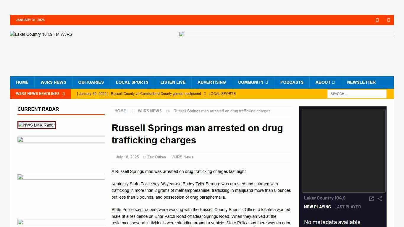 Russell Springs man arrested on drug trafficking charges Laker Country 104.9 FM WJRS
